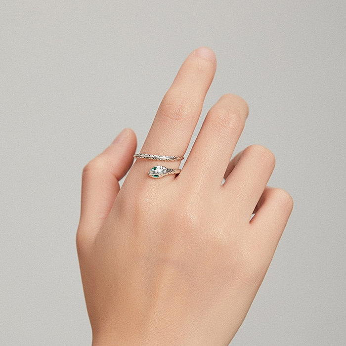 Bague Serpent en argent 925 plaqué or blanc ajustable avec zircons blancs et verts - Photo 6