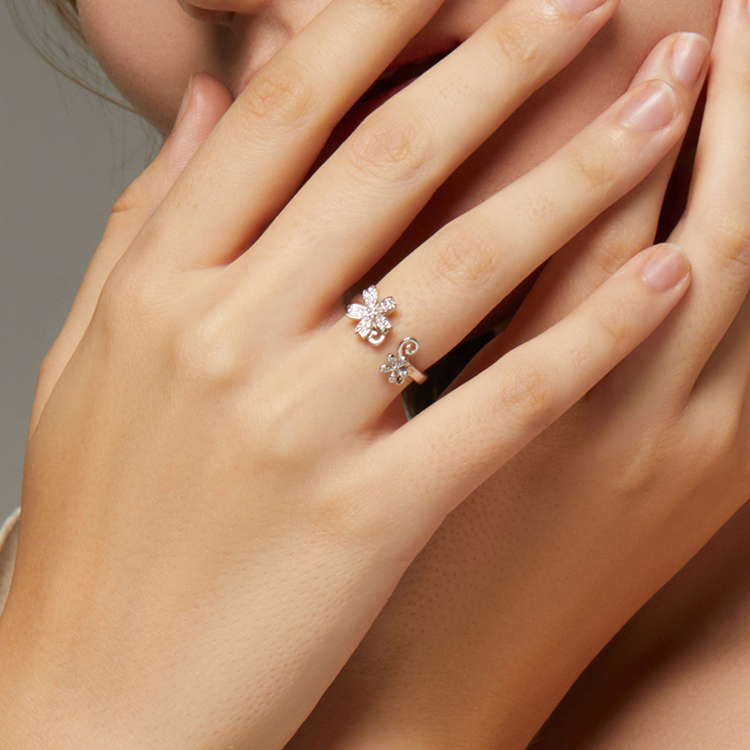 Bague Fleur de Cerisier en argent 925 plaqué or blanc ajustable avec zircons blancs et roses - Photo 2