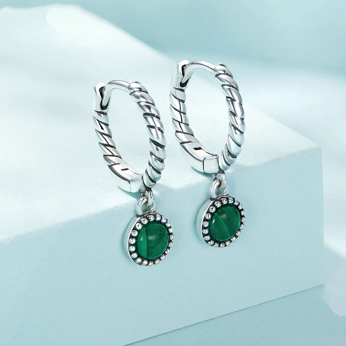 Boucles d’Oreilles Créoles Pendentif Malachite en argent 925 plaqué or blanc avec zircons violets - Photo 3