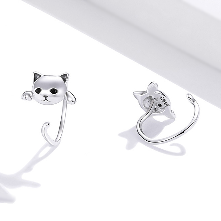 Boucles d’Oreilles Chat Argent Sterling 925 plaqué or blanc - Photo 3