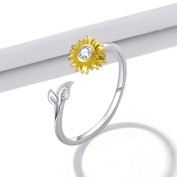 Bague Tournesol en argent 925 plaqué or blanc ajustable avec pétales plaqués or jaune et zircon blanc - Photo 3