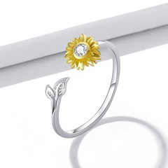Bague Tournesol en argent 925 plaqué or blanc ajustable avec pétales plaqués or jaune et zircon blanc - Photo 3