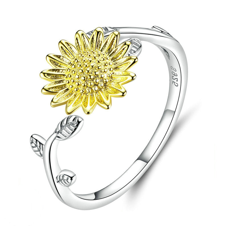 Bague Tournesol en argent 925 plaqué or blanc ajustable avec pétales plaqués or jaune
