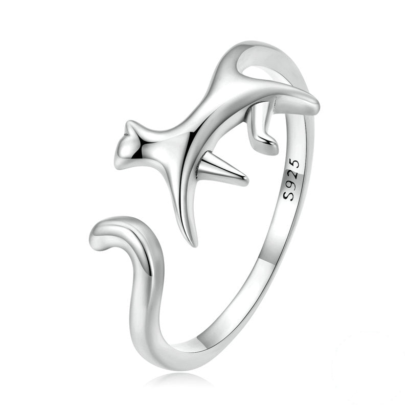 Bague Chat qui Marche en argent 925 plaqué or blanc ajustable