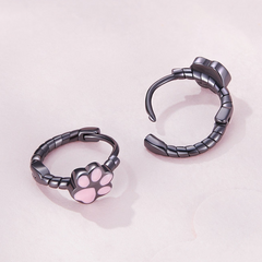 Boucles d’Oreilles Créoles Pattes de Chat en argent 925 plaqué noir émaillé rose - Photo 4
