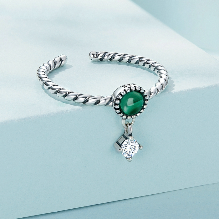 Bague Malachite en argent 925 plaqué or blanc ajustable avec pendentif zircon blanc - Photo 3