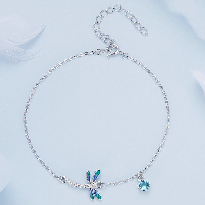 Bracelet Libellule Argent Sterling 925 plaqué or blanc avec zircons blancs et bleus et fermoir ajustable - Photo 4