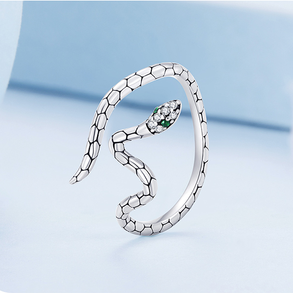 Bague Serpent en argent 925 plaqué or blanc ajustable avec zircons blancs et verts - Photo 3