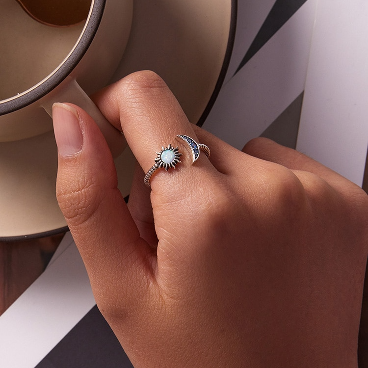 Bague Soleil et Lune en argent 925 plaqué or blanc ajustable avec opale et zircons bleus - Photo 6