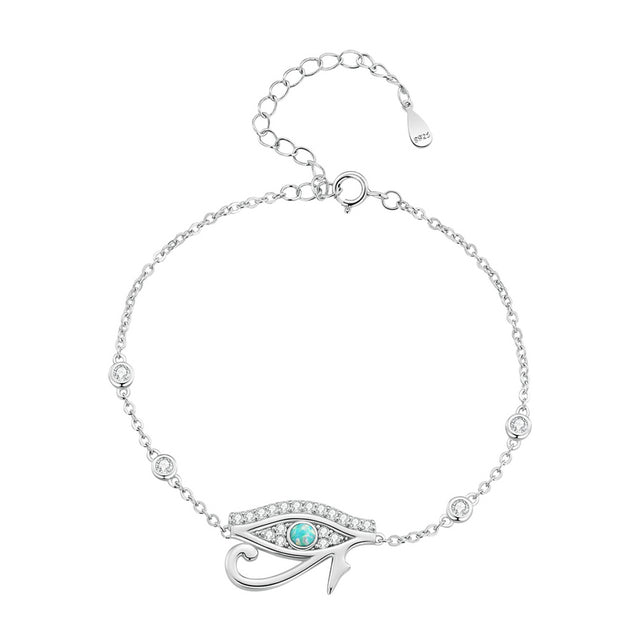 Bracelet Oeil d’Horus Argent Sterling 925 plaqué or blanc avec zircons et opale avec fermoir ajustable