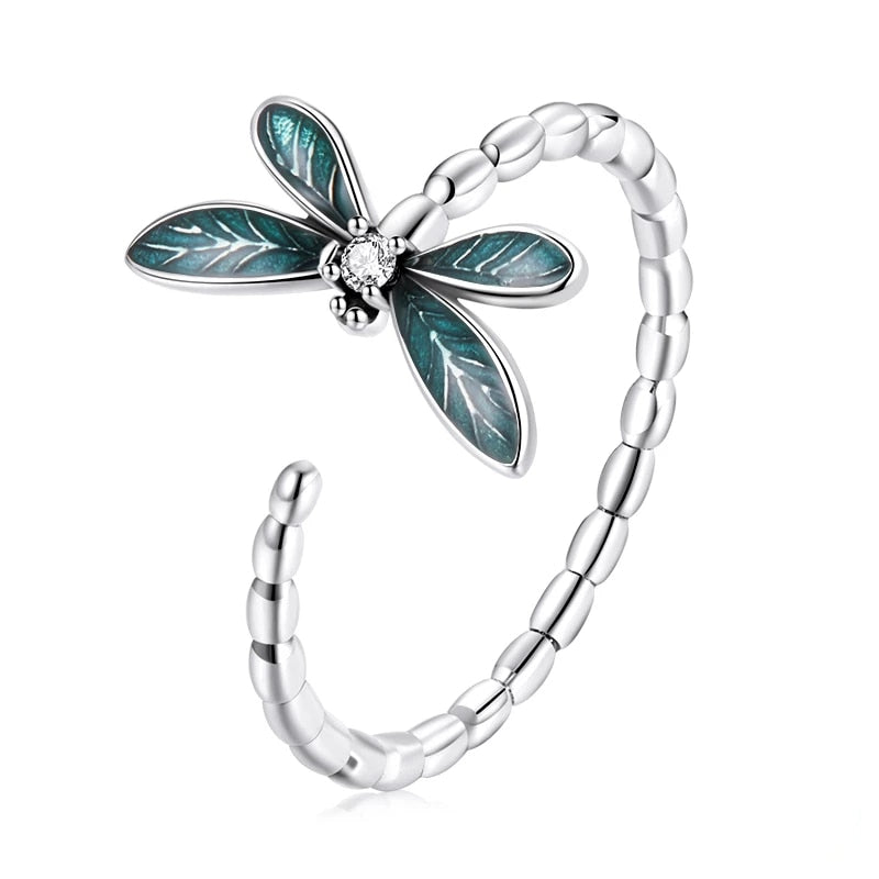 Bague Libellule en argent 925 plaqué or blanc émaillé vert ajustable