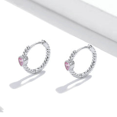 Boucles d’Oreilles Créoles Coeurs en argent 925 plaqué or blanc avec zircons roses - Photo 4
