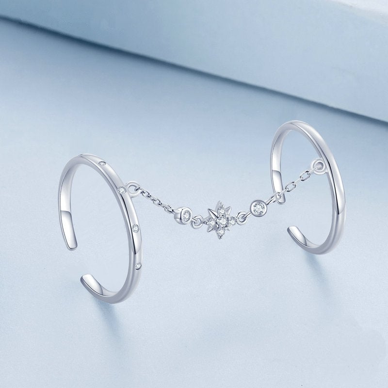Bague Bouble avec Chaîne en argent 925 plaqué or blanc ajustable avec zircons blancs - Photo 4