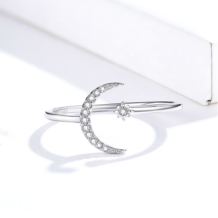 Bague Lune et Étoile Comète en argent 925 plaqué or blanc ajustable avec zircons blancs - Photo 5