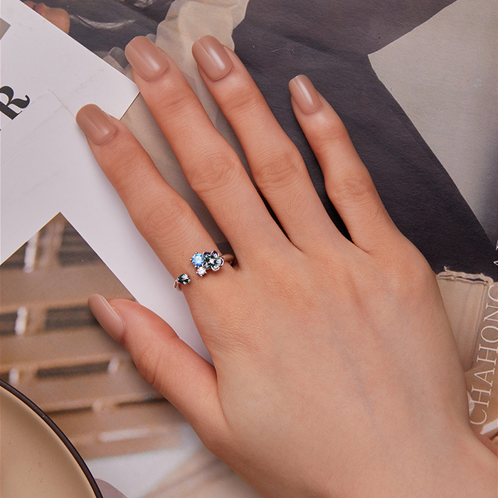 Bague Fleurs en argent 925 plaqué or blanc ajustable émaillé à la main avec zircons colorés - Photo 5