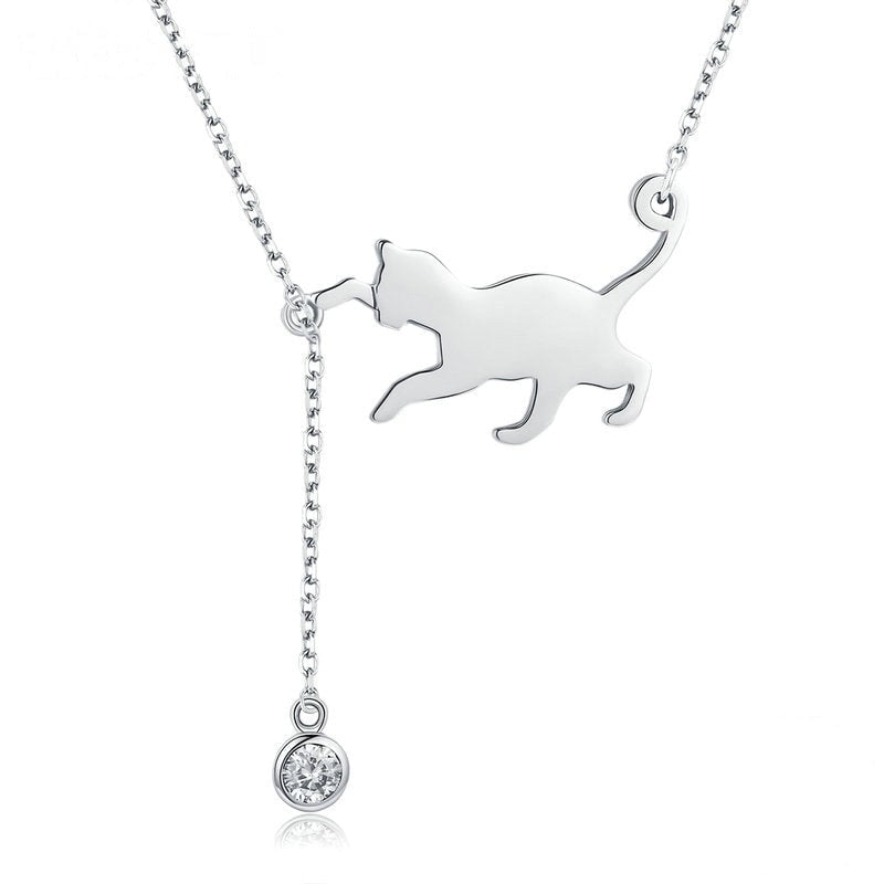 Collier Chat Jouant en argent 925 plaqué or blanc avec pendentif lumineux et zircon blanc