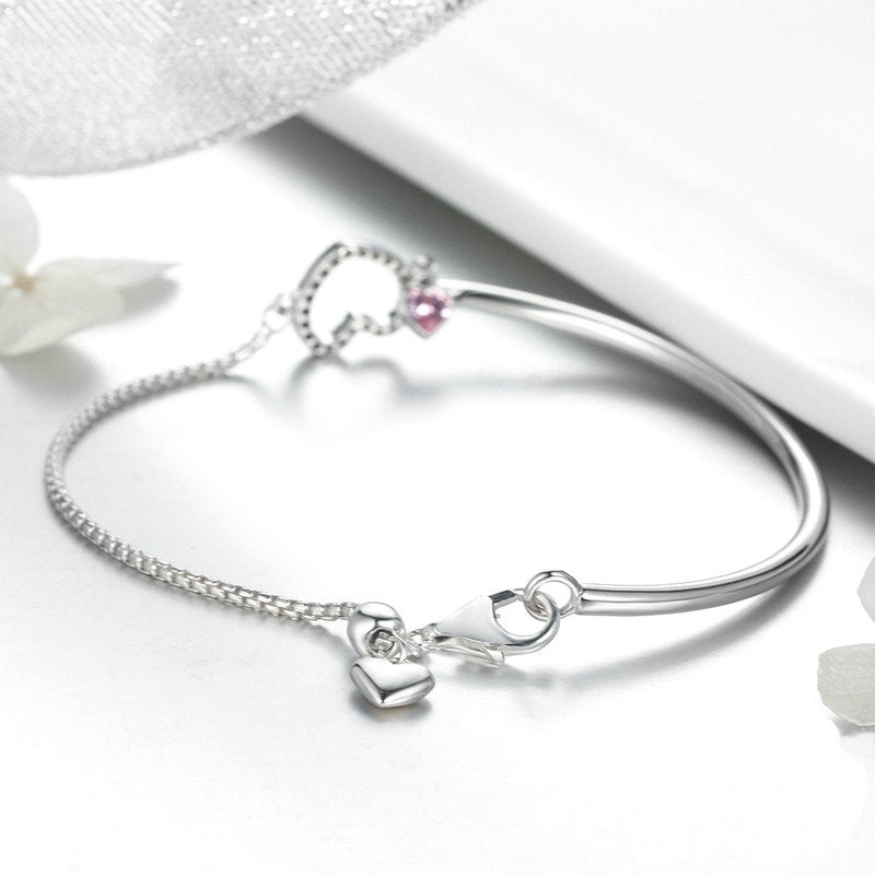 Bracelet Coeur Lumineux jonc en argent 925 plaqué or blanc ajustable avec zircons blancs et rose - Photo 5