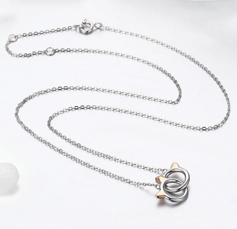 Collier Deux Chats en argent 925 plaqué or blanc et or rose ajustable - Photo 4