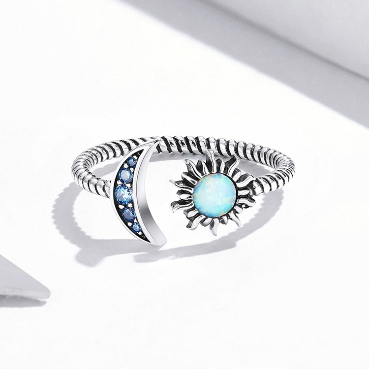 Bague Soleil et Lune en argent 925 plaqué or blanc ajustable avec opale et zircons bleus - Photo 4