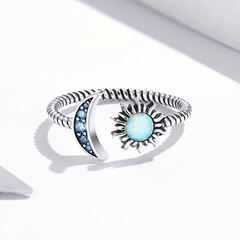 Bague Soleil et Lune en argent 925 plaqué or blanc ajustable avec opale et zircons bleus - Photo 4