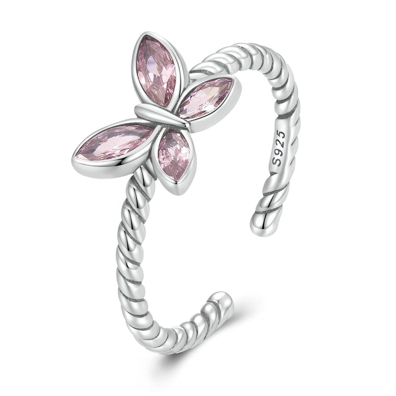 Bague Papillon Rose en argent 925 plaqué or blanc ajustable avec zircons roses