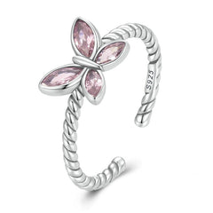 Bague Papillon Rose en argent 925 plaqué or blanc ajustable avec zircons roses