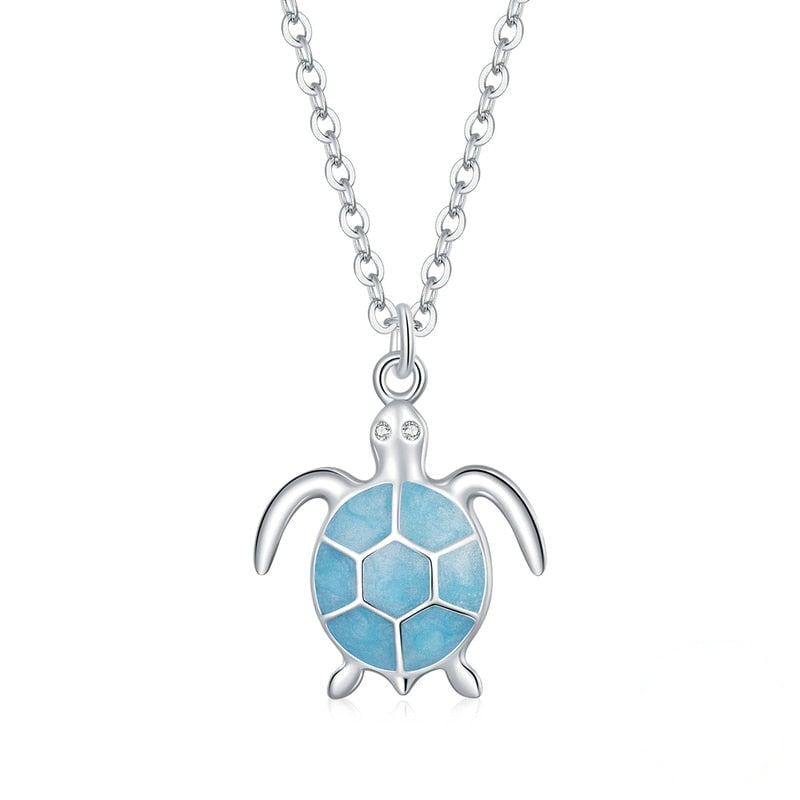 Collier Tortue en argent 925 plaqué or blanc ajustable avec pendentif émaillé turquoise