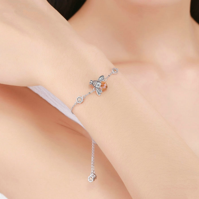 Bracelet Reine des Abeilles en argent 925 plaqué or blanc ajustable avec zircons couleur champagne - Photo 2