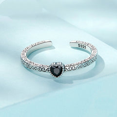 Bague Coeur Noir en argent 925 plaqué or blanc ajustable avec zircon noir et gravures faites à la main - Photo 4