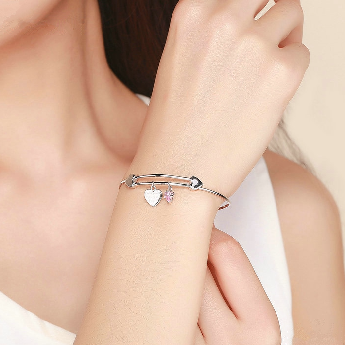 Bracelet Coeurs jonc en argent 925 plaqué or blanc - Photo 2