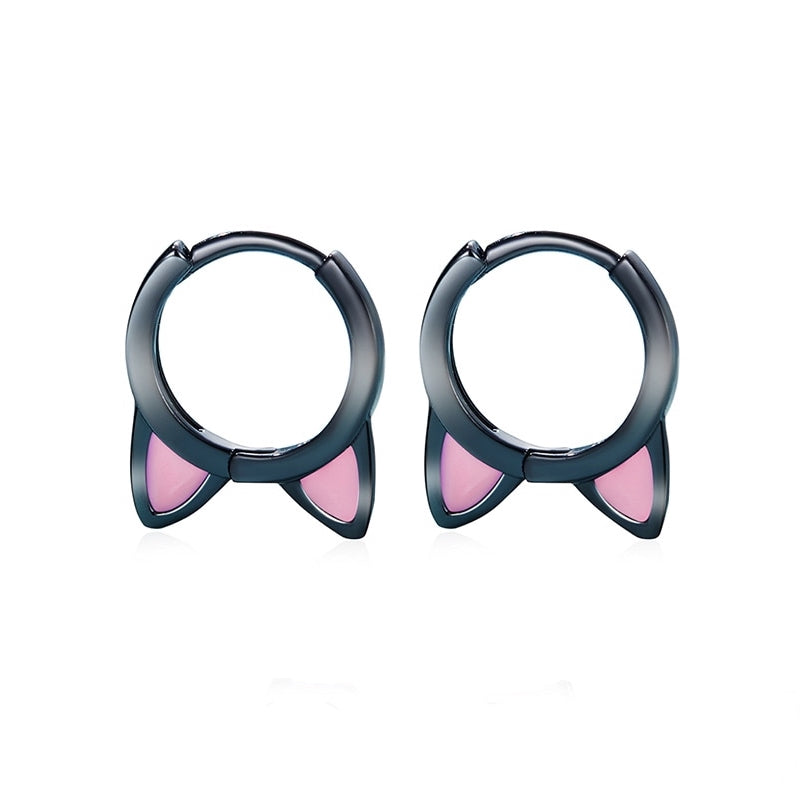 Boucles d’Oreilles Créoles Oreilles de Chat en argent 925 plaqué noir émaillé rose - Photo 3