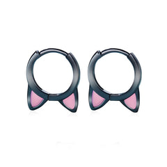 Boucles d’Oreilles Créoles Oreilles de Chat en argent 925 plaqué noir émaillé rose - Photo 3