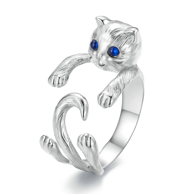 Bague Chat en argent 925 plaqué or blanc ajustable émaillé rose - Photo 5