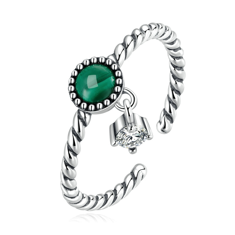 Bague Malachite en argent 925 plaqué or blanc ajustable avec pendentif zircon blanc