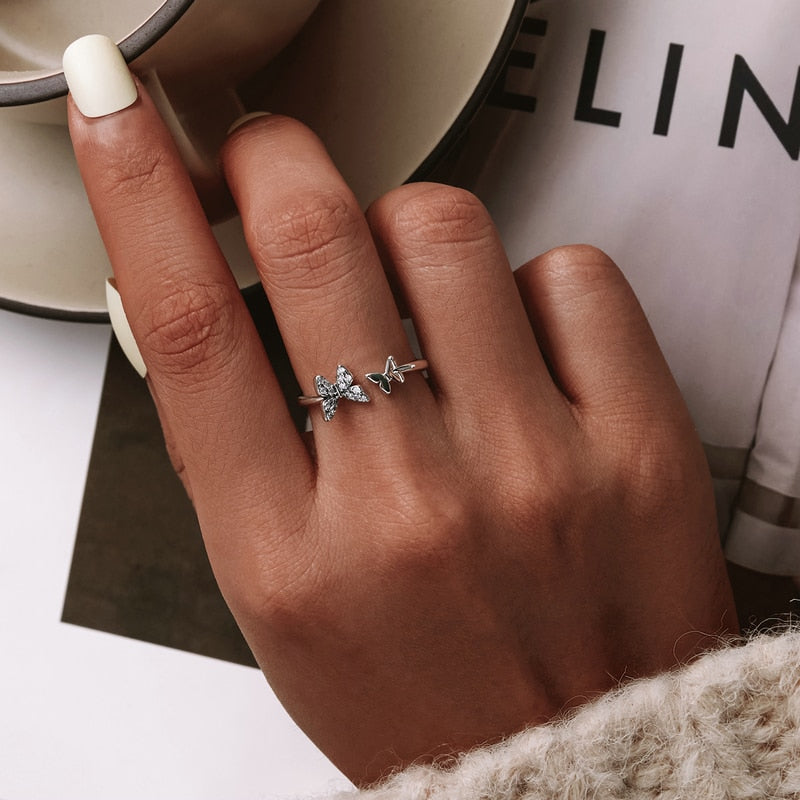 Bague Papillons en argent 925 plaqué or blanc ajustable avec zircons blancs - Photo 2