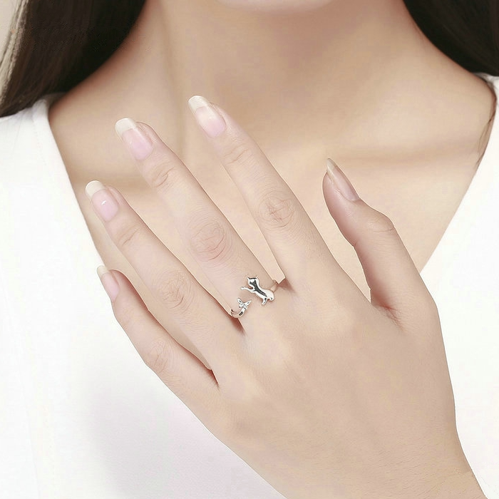 Bague Chat avec Papillon en argent 925 plaqué or blanc ajustable - Photo 2