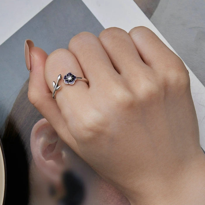 Bague Fleur Violette en argent 925 plaqué or blanc ajustable émaillées violet avec zircon blanc - Photo 5