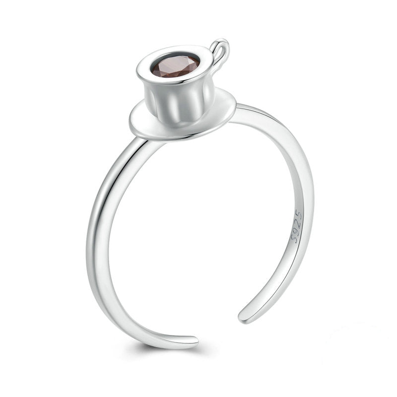 Bague Tasse de Café en argent 925 plaqué or blanc ajustable avec zircon marron