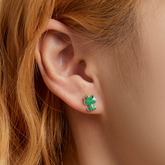 Boucles d’Oreilles Grenouille Verte Puces en Argent Sterling 925 plaqué or blanc émaillé vert avec prince grenouille - Photo 2