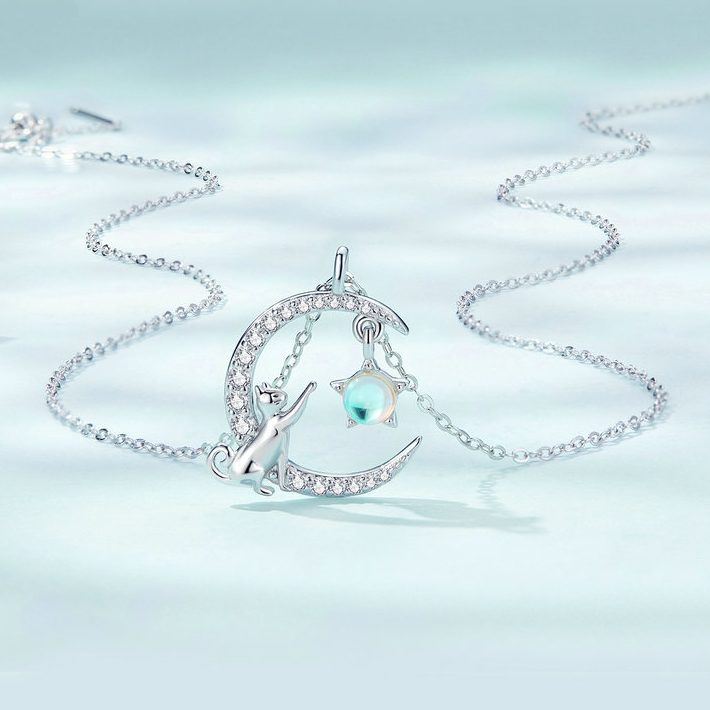 Collier Lune avec Chat et Étoile Argent Sterling 925 plaqué or blanc avec pavé de zircons blancs et pierre de lune - Photo 3