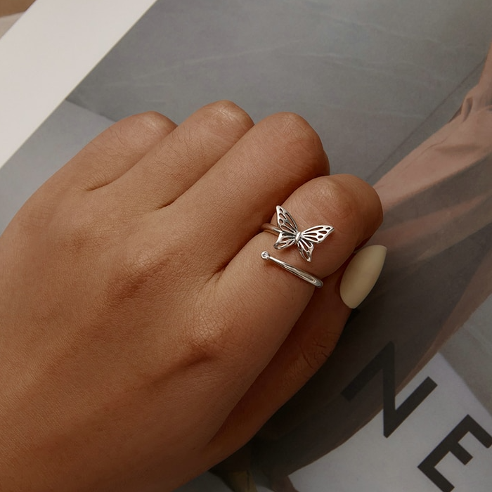Bague Papillon en argent 925 plaqué or blanc ajustable avec zircon blanc - Photo 5