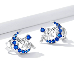 Boucles d’Oreilles Fée sur la Lune Puces en Argent Sterling 925 plaqué or blanc avec zircons bleus - Photo 4