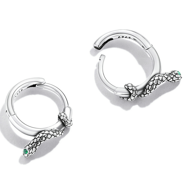 Boucles d’Oreilles Créoles Serpents en argent 925 plaqué or blanc avec zircons verts - Photo 4