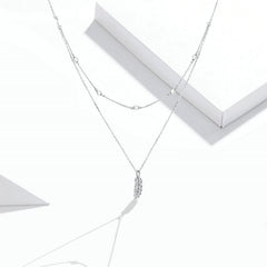 Collier Double avec Plume en argent 925 plaqué or blanc ajustable avec zircons blancs et perles - Photo 3