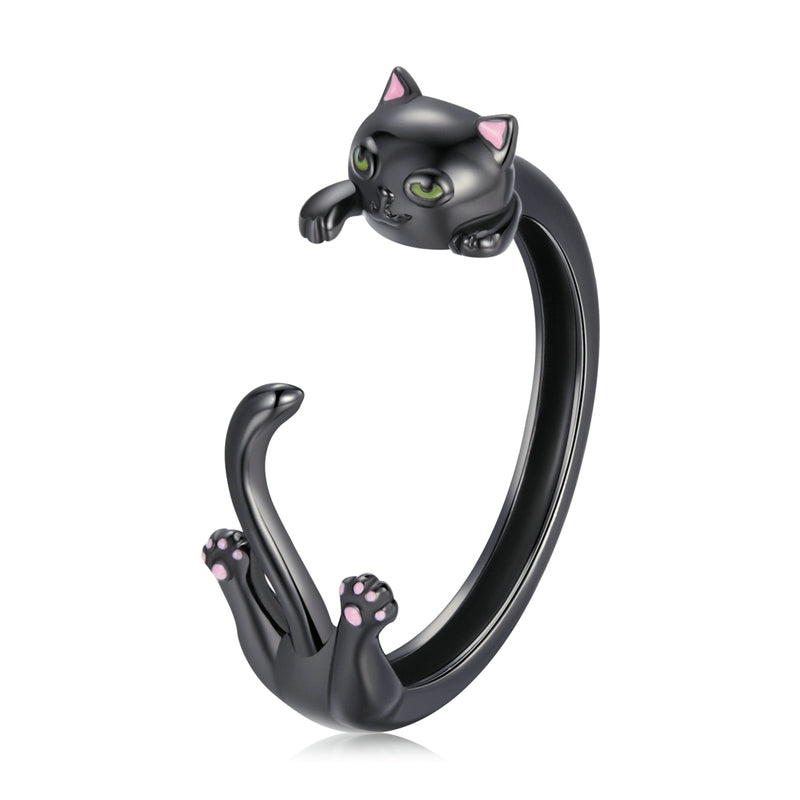 Bague Chat Noir en argent 925 plaqué noir ajustable