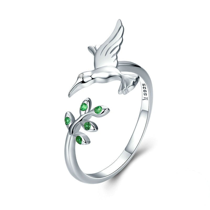 Bague Colibri en argent 925 plaqué or blanc avec zircons verts ajustable