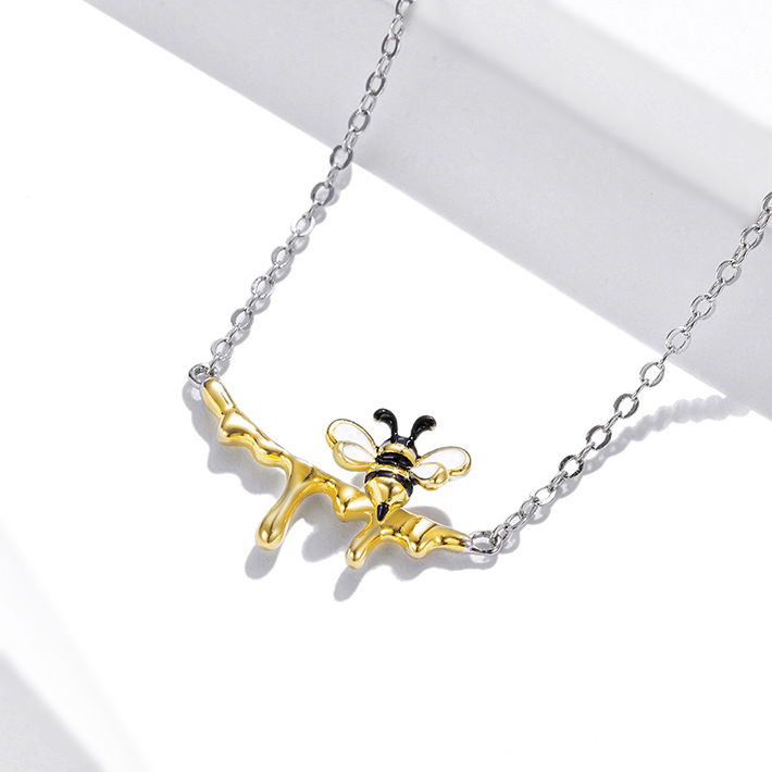 Collier Abeille avec Miel Argent Sterling 925 plaqué or blanc et jaune avec détails émaillés - Photo 4
