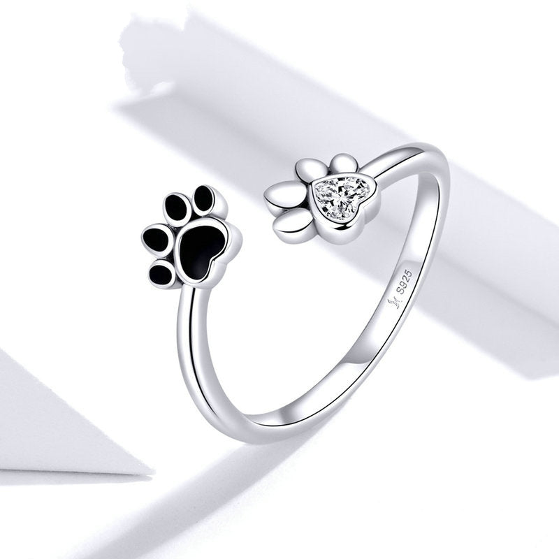 Bague Pattes en argent 925 plaqué or blanc émaillé noir avec zircon blanc ajustable - Photo 3
