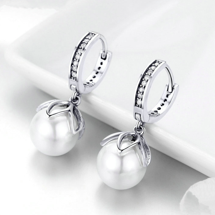 Boucles d’Oreilles Créoles Pendentif Perles en argent 925 plaqué or blanc avec zircons blancs - Photo 3