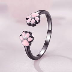 Bague Pattes de Chat Argent Sterling 925 plaqué noir émaillé rose – ajustable - Photo 3